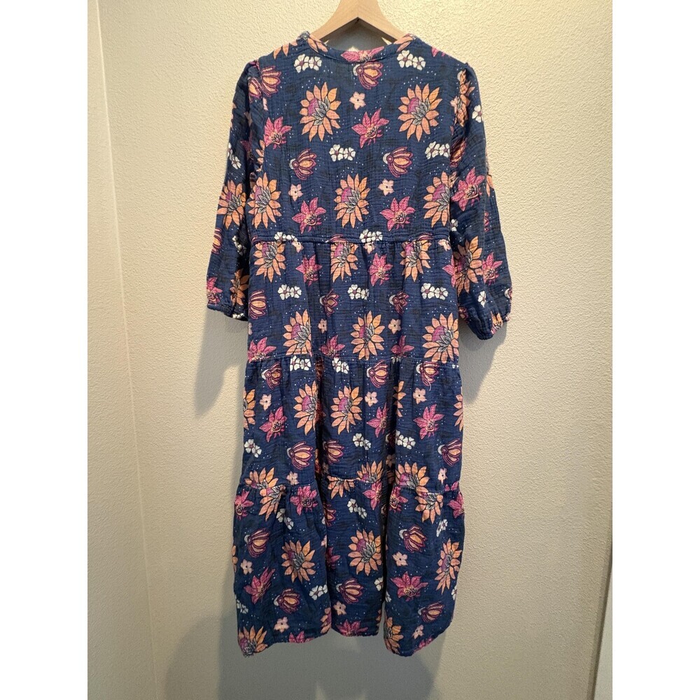 Marine Layer Willow Dress Womens XL Blue Floral 3/4 Sleeve Tiered Midi Cotton - Picture 5 of 7